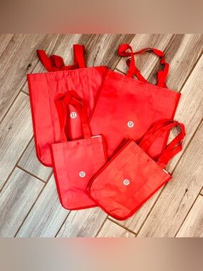 Lululemon Reusable Shopping Tote Bag Bundle – 4 Bags (2 Large, 2 Small) Red Logo